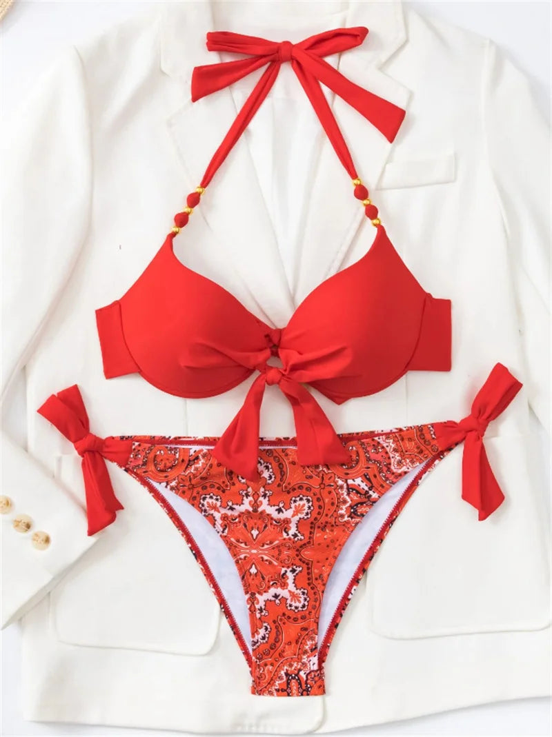 Summer Bikini New Underwired Bra Push Up Swimsuit Women Chest Knot Bow Bathing Suit Outfits Ties Swimwear Women Swimming Suit XL