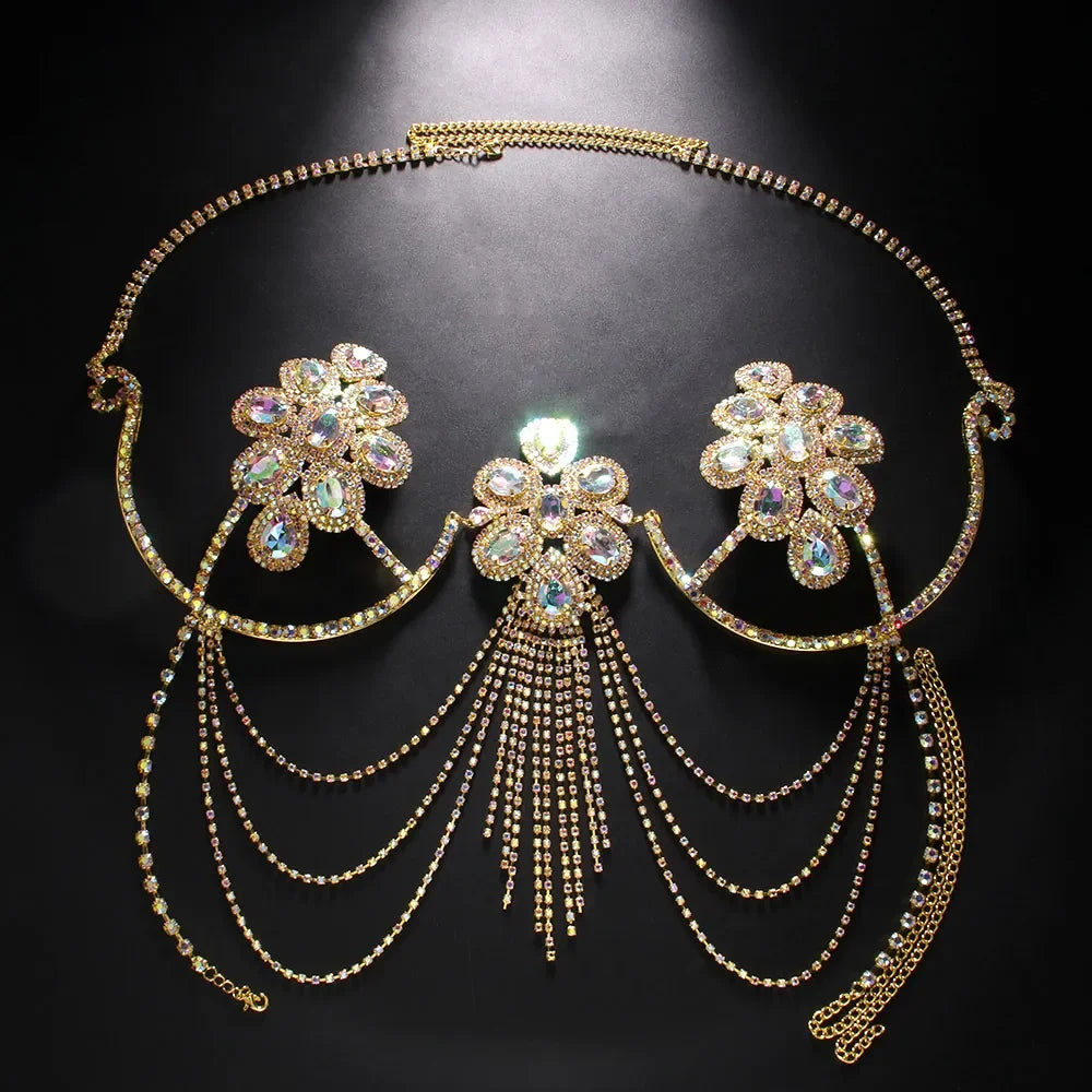 Colorful Rhinestone Flower Chest Bracket Top for Women Outfit Festival Lingerie Sexy Tassel Bra Chain Necklace Bikini Jewelry