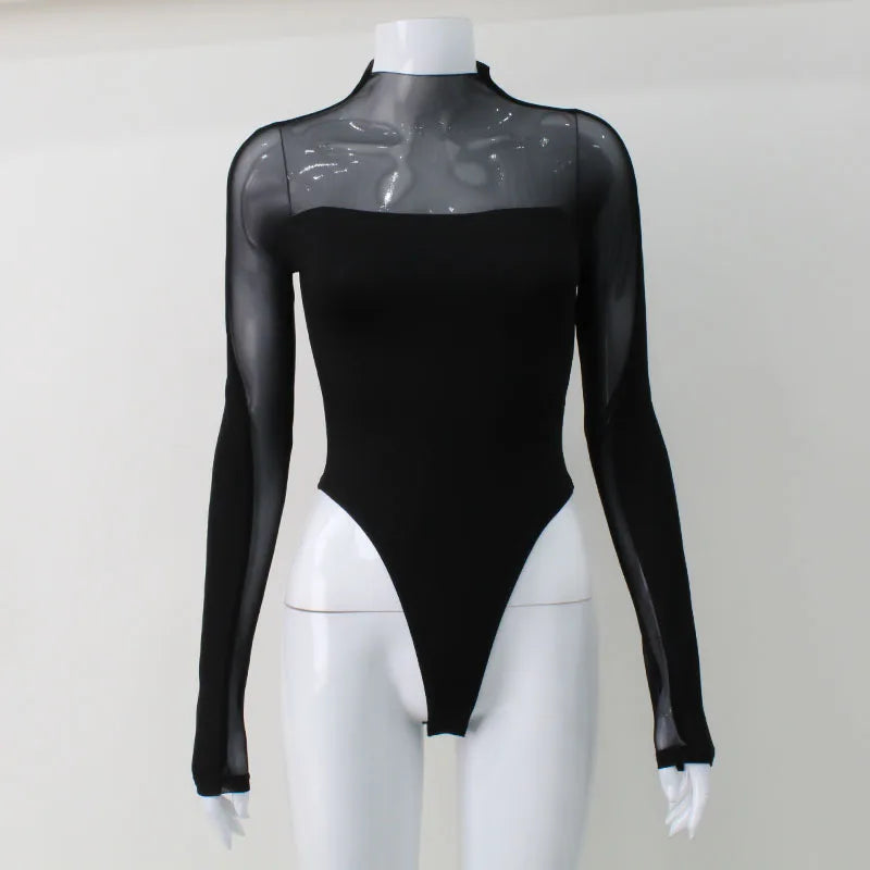2025 Patchwork See Through Mesh Bodysuit Women's Sexy Long Sleeve Turtleneck Jumpsuit Chic Elegant High Waist Tops Bodysuits