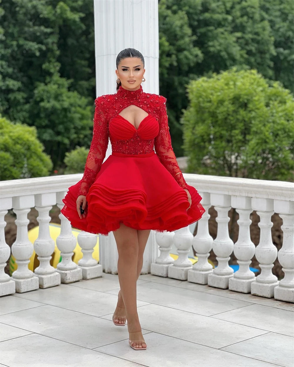 Customized Delicate Red Organza Evening Dress Exquisite O-Neck Long Sleeves Prom Dress Court Train Bespoke Occasion Gowns