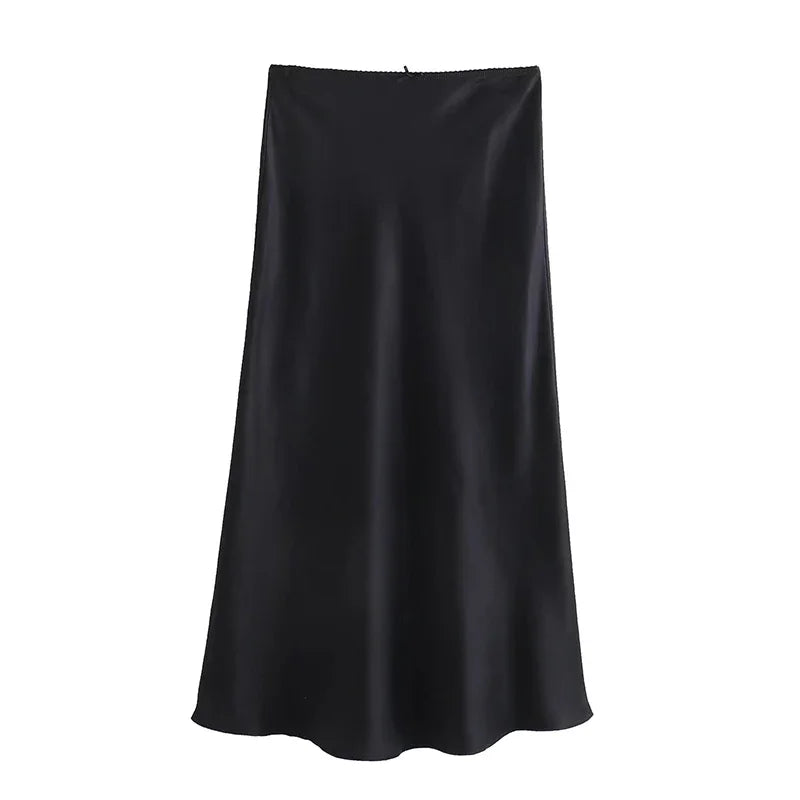 2024 Spring Women's Satin Bow-Decorated High-Waist A-Line Long Skirt - Vintage Chic Fashion