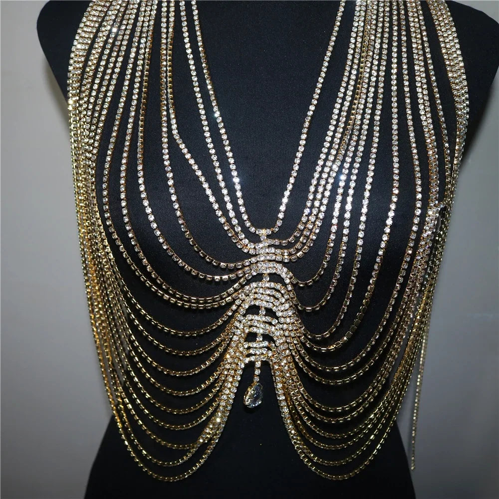 2022 New Crystal Tassel Drop Pendant Top Body Chain Bra for Women Luxury Rhinestone Body Bralette Chest Chain Bikini Jewelry
