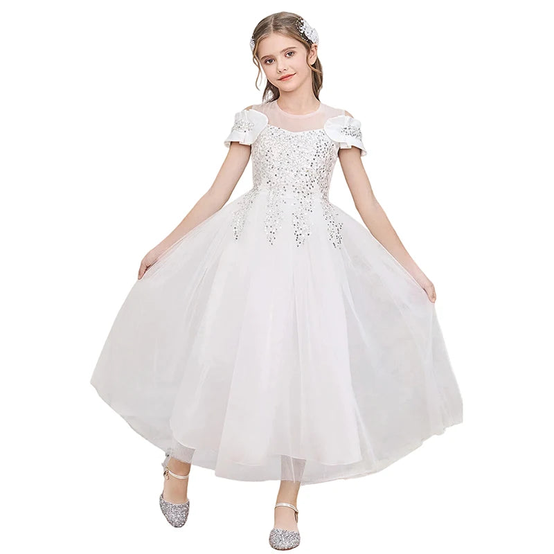 Gorgeous Elegant Girl Dress Formal Occasion Wedding Bridesmaid Celebration Communion Children Clothing Shiny Luxury Kids Clothes