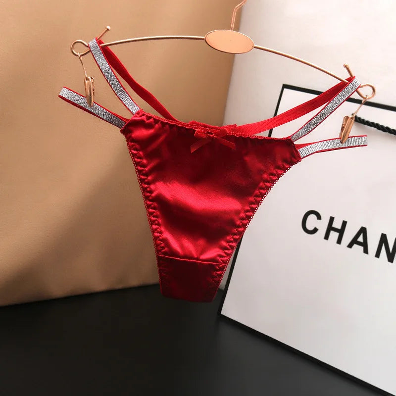 Sexy Silk Satin Thongs Hollow Out Fashion Solid Color Panties Cotton Crotch Low Waist Breathable Pure Color Women's Underwear