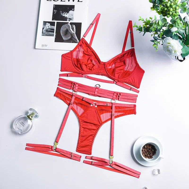 Yimunancy 3-Piece Black Bra Set Women Patchwork See Through Mesh Lingerie Set Ladies Sexy Panty Underwear Set
