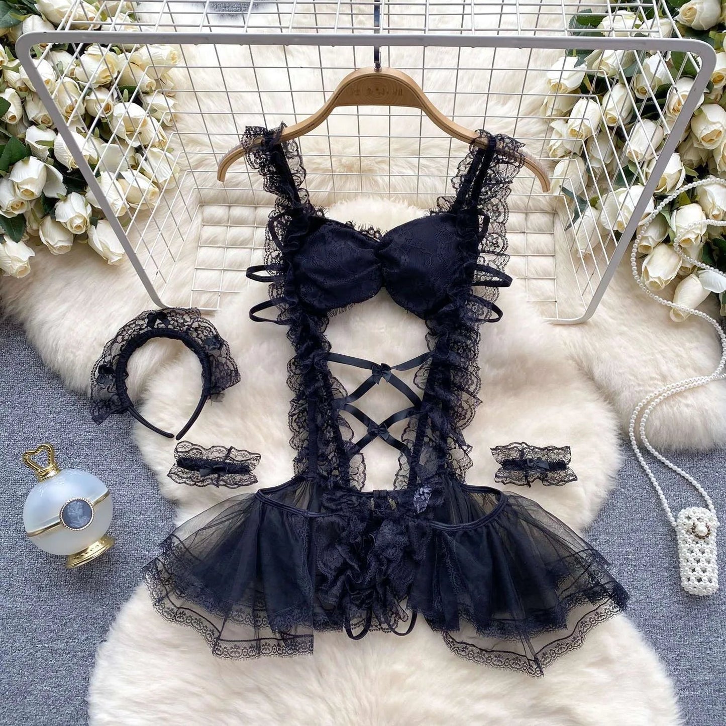 Lolita Strap Bodysuit With Cross Lace Up Hollow Patchwork Playsuit Double-Layer Sheer Mesh Sweet Women's Pajamas Sexy Lingerie