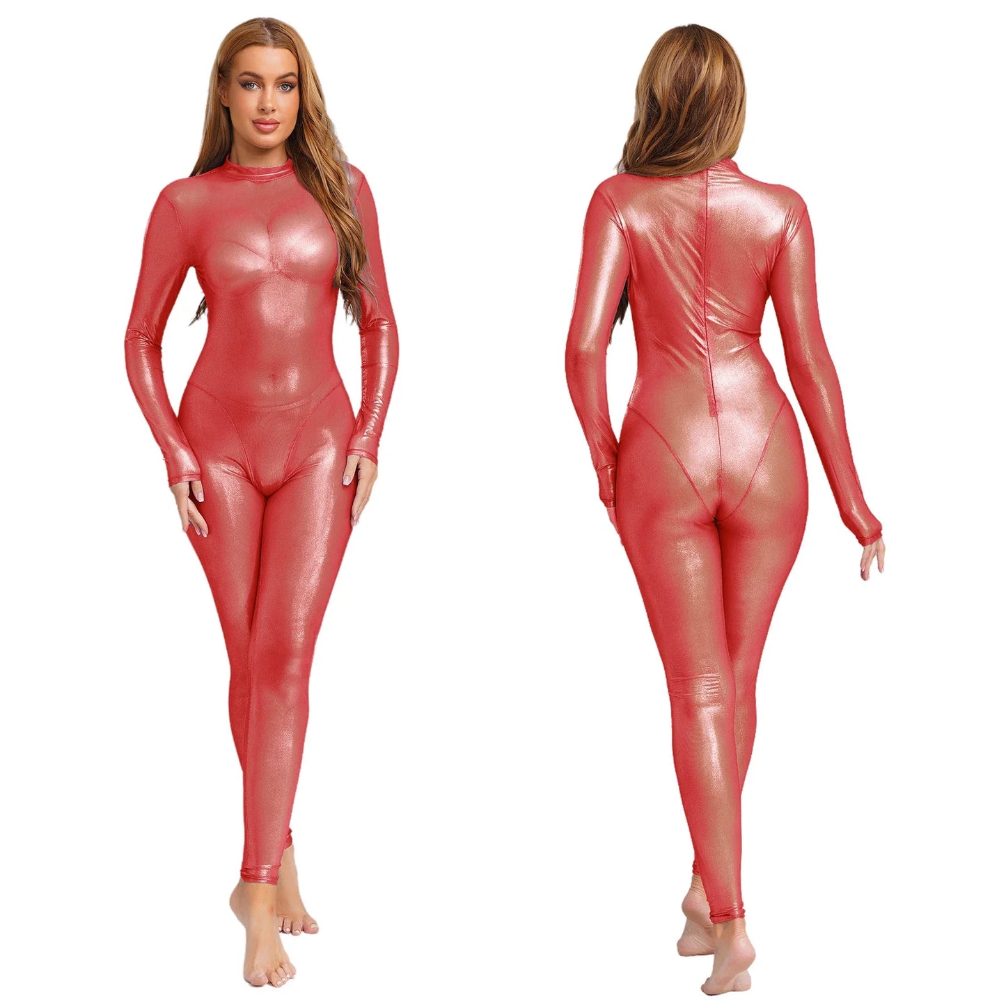 Women Metallic Shiny Full Body Unitards Sheer Rave Party Nightclub Jumpsuit Long Sleeve Long Pants Back Zipper Catsuit Clubwear