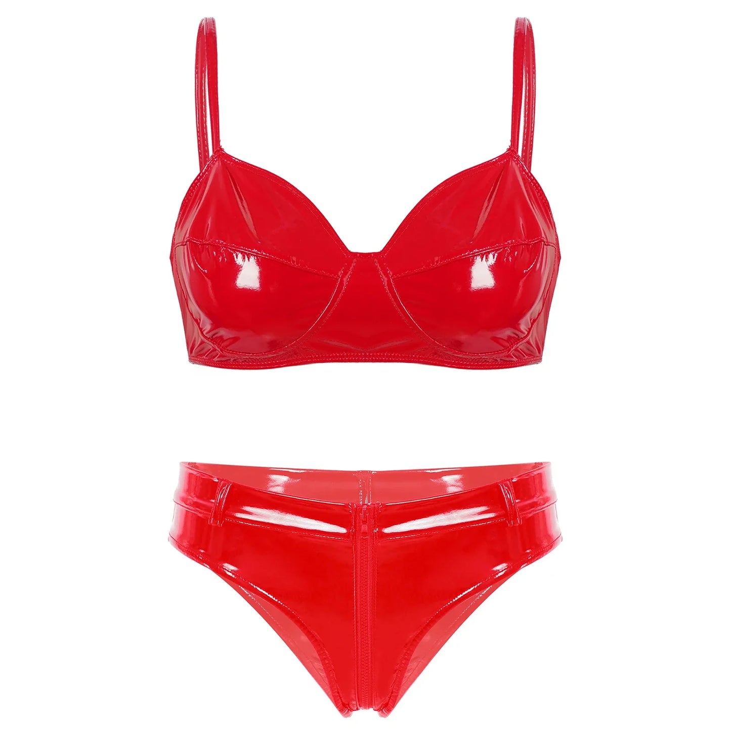 Womens Lingerie Intimates Underwear Set Rave Wet Look Patent Leather Wire-free No Padded Belly Bra Top with High Waist Briefs