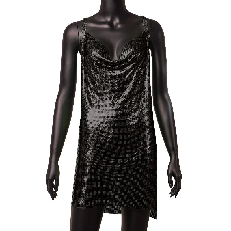 Women's 90s Rave Glitter V-Neck Lace-Up Sequin Mini Dress Y2K Clubwear Sexy Backless Bodycon with Metal Detail for Party