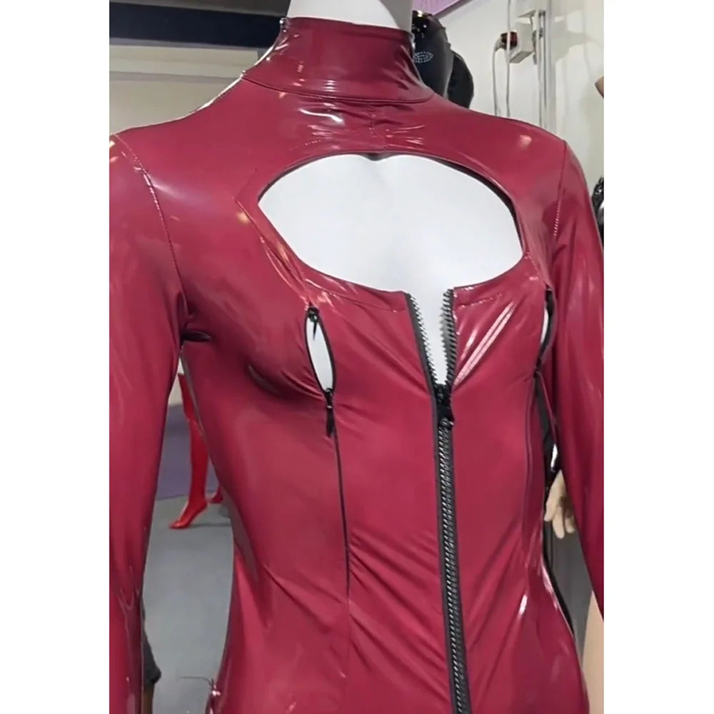 3PCS/SET Wet Look PVC Cosplay Outfit Catusit Shiny PU Leather Zipper Bust Open Crotch Bodysuit Tight Sexy Body Teddies Stockings