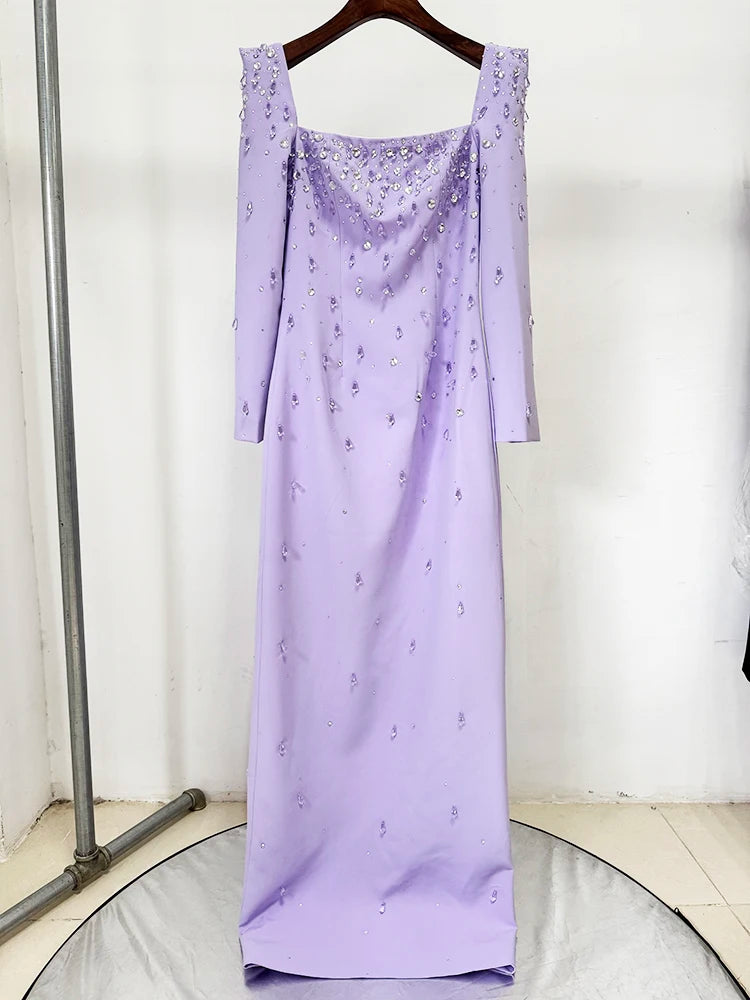 HIGH QUALITY Newest Fashion 2025 Designer Vestido Women's Square Collar Beading Diamonds Long Sleeve Maxi Dress