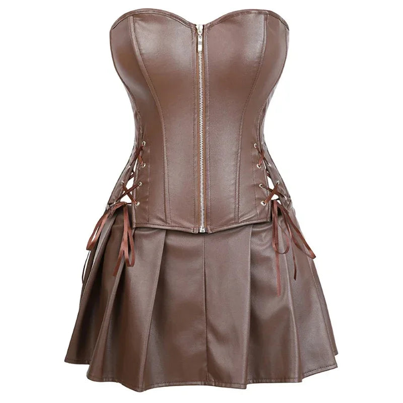 Faux Leather Corset Top Women Leather Corset Dresses Zipper Gothic PU Leather Corset Sexy Ladies Eyelet Up Pleated Dress Corsets