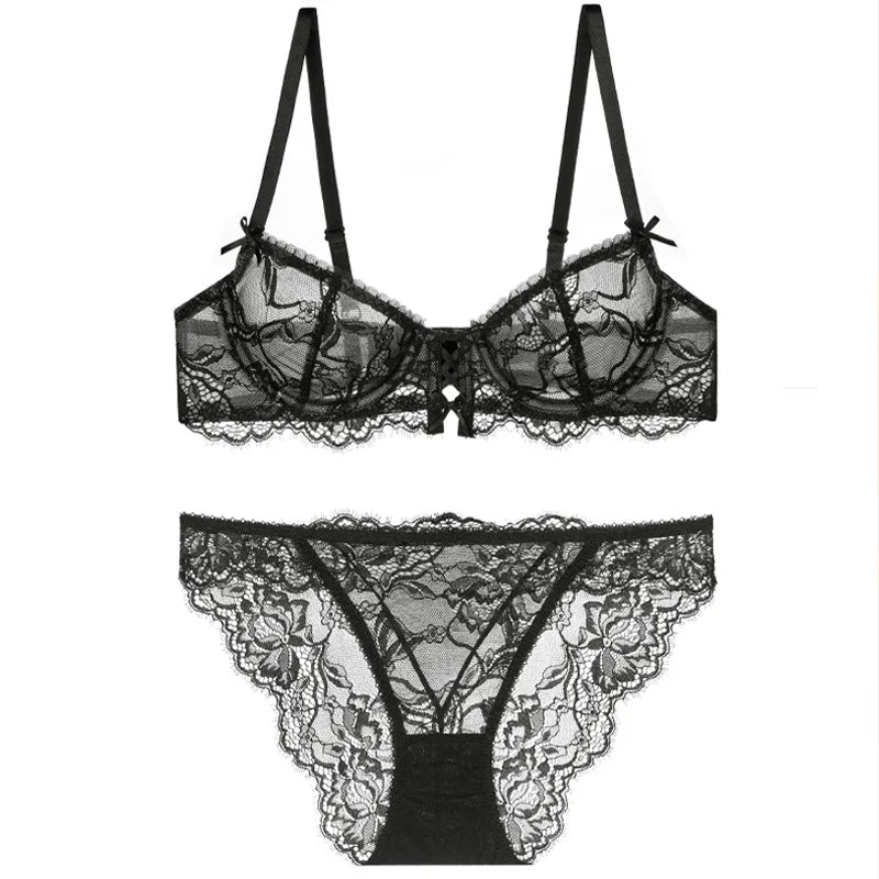 Logirlve Ultra-Thin Hollowed-Out Lace Bra Set for Women Push up Breast Brassiere Sexy Embroidery Underwear Lingerie Ladies