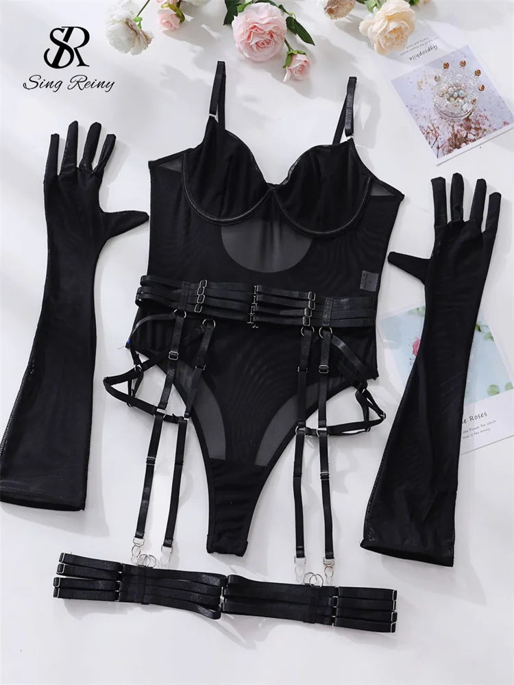 SINGREINY Sensual Sheath Solid Lingerie Rompers Fashion Oversleeve Strapless Slim Playsuits Women Sheer Mesh Sexy Bodysuits