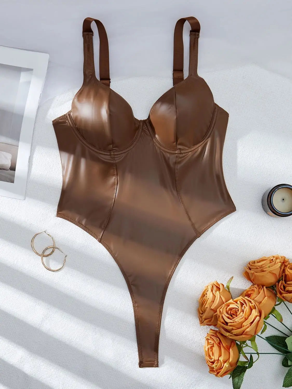 Women's Faux Leather Lingerie Bodysuit Sleeveless V Neck High Cut Bodysuit Shapewear Sexy Ladies Exotic Teddies