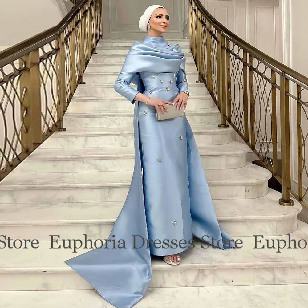 Customized Dubai Bespoke Occasion Gowns Satin Column Valentine's Day Dress Blue High Collar Rhinestones/Crystals Cape Prom Dress