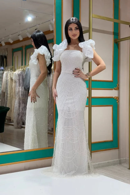 Jessica Formal occasions For Women Evening Dresses Tulle Beads Prom Dresses Slim Fit With Puff Sleeves VestidosDe GalaCustomized