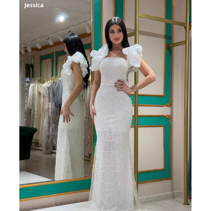 Jessica Formal occasions For Women Evening Dresses Tulle Beads Prom Dresses Slim Fit With Puff Sleeves VestidosDe GalaCustomized