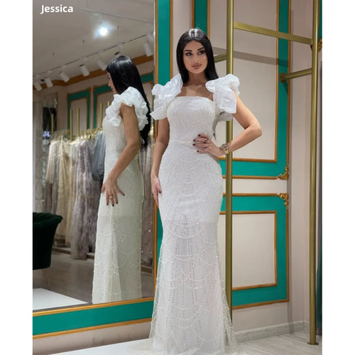 Jessica Formal occasions For Women Evening Dresses Tulle Beads Prom Dresses Slim Fit With Puff Sleeves VestidosDe GalaCustomized