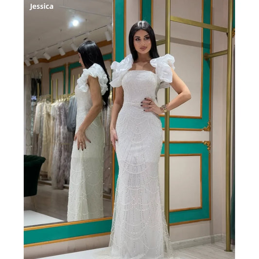 Jessica Formal occasions For Women Evening Dresses Tulle Beads Prom Dresses Slim Fit With Puff Sleeves VestidosDe GalaCustomized