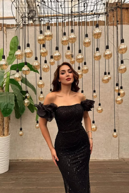 Jessica Formal occasions For Women Evening Dresses Tulle Beads Prom Dresses Slim Fit With Puff Sleeves VestidosDe GalaCustomized