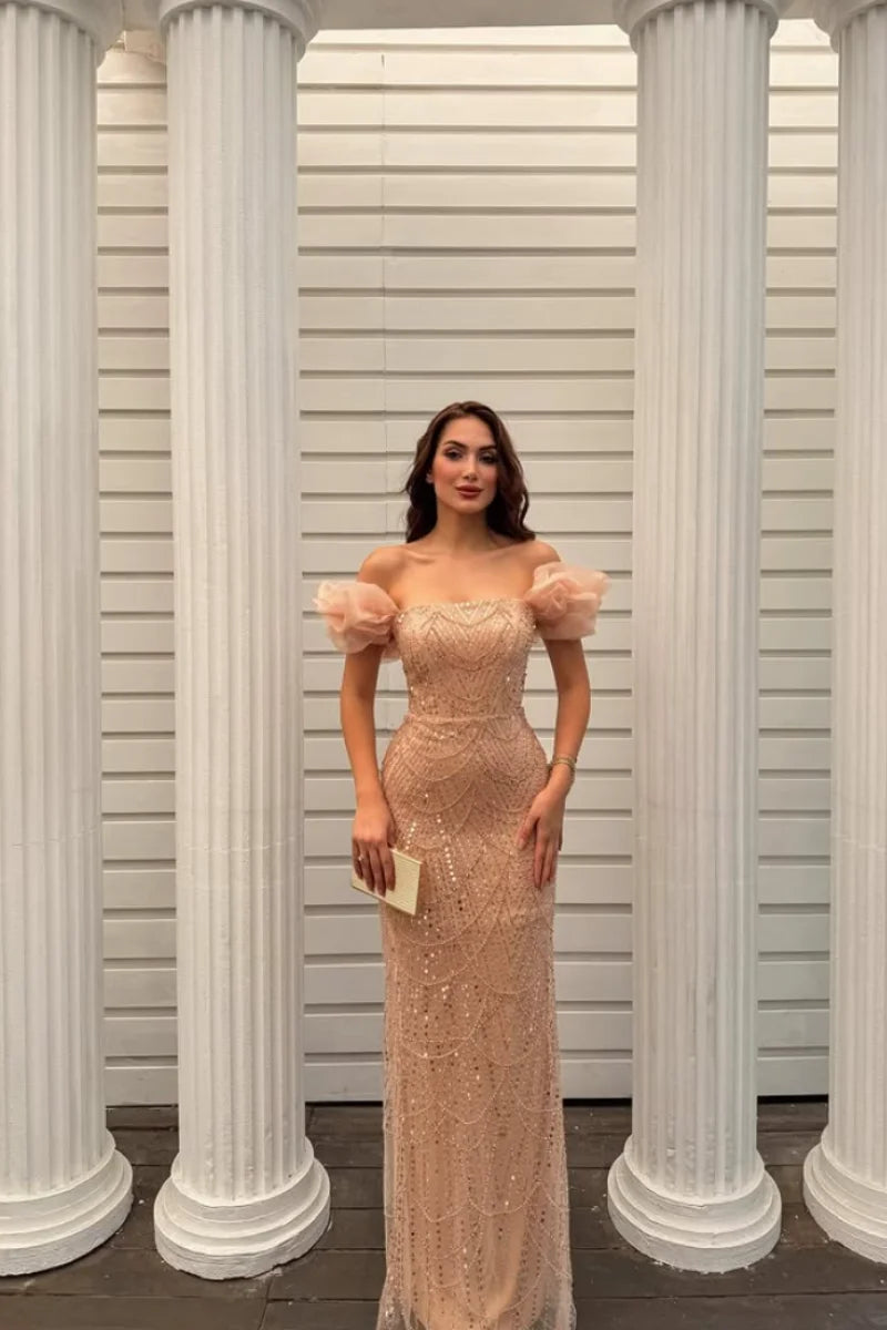 Jessica Formal occasions For Women Evening Dresses Tulle Beads Prom Dresses Slim Fit With Puff Sleeves VestidosDe GalaCustomized