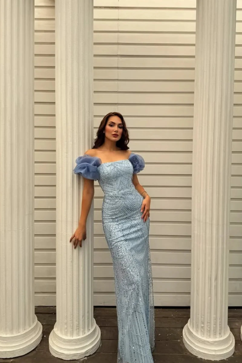 Jessica Formal occasions For Women Evening Dresses Tulle Beads Prom Dresses Slim Fit With Puff Sleeves VestidosDe GalaCustomized