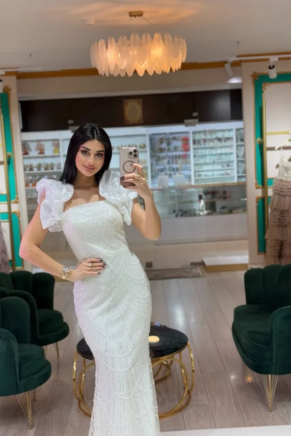 Jessica Formal occasions For Women Evening Dresses Tulle Beads Prom Dresses Slim Fit With Puff Sleeves VestidosDe GalaCustomized