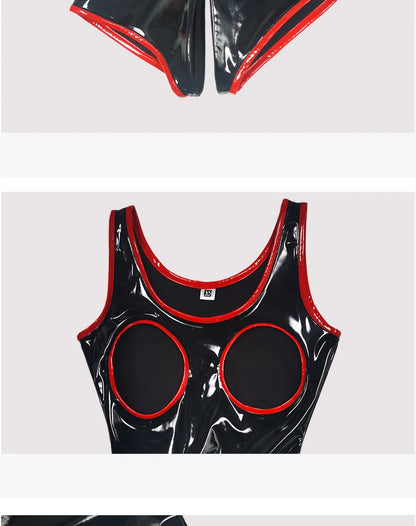 S-5XL Sleeveless Wet Look PVC Catsuit Shiny PU Leather Zipper Open Crotch Bodysuit Hollow Out Swimsuit Tights Sexy Body Teddies