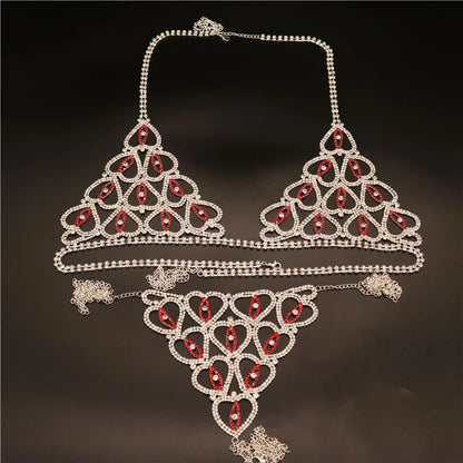 Wholesale Sexy Rhinestone Chain Body Lingerie Set Heart Body Jewelry for Women Fashion Bikini Underwear Bling Crystal Bra Thong