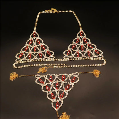 Wholesale Sexy Rhinestone Chain Body Lingerie Set Heart Body Jewelry for Women Fashion Bikini Underwear Bling Crystal Bra Thong