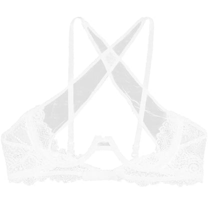Womens See Through Sheer Mesh Lingerie Spaghetti Straps Crisscross Lace Trim Hollow Out Breast Uncderwired Cups Bra Top Braltte