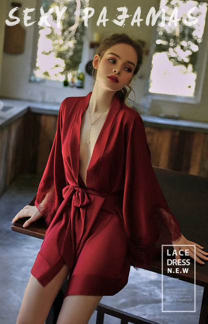 Sexy Robe With Lace Satin Women Nightgown Kimono Bathrobe Gown Pink Nightdress Bride Bridesmaid Wedding Gown Home Clothes