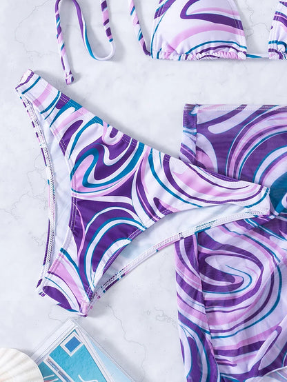 Sexy Bikini 2023 Woman Swimwear Female 3 Pack Allover Print Halter Swimsuit Women`s Cover Up Bikinis Set 3 Pieces Bathing Suit