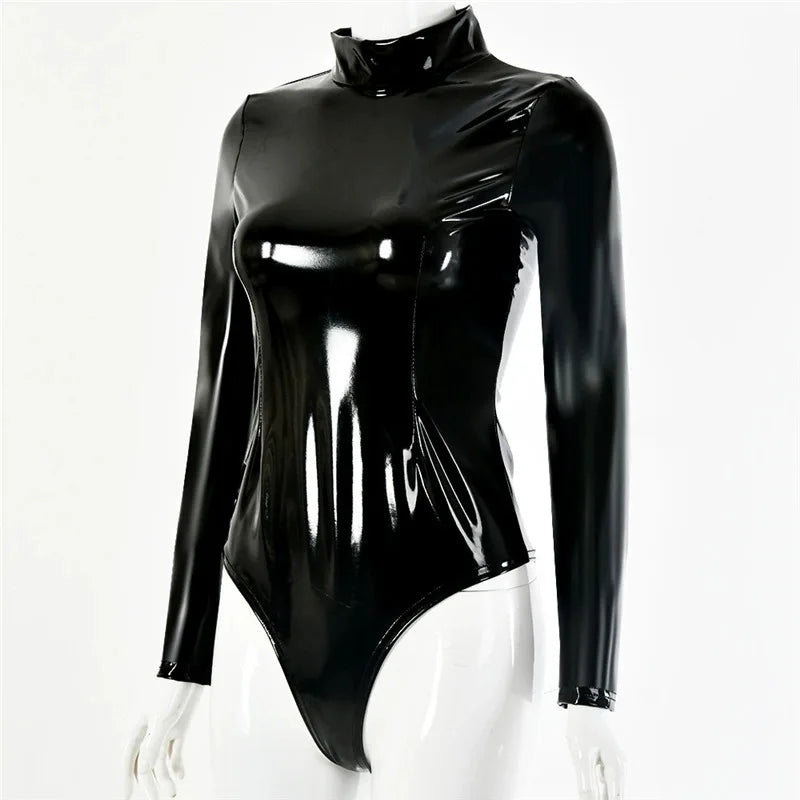 S-5XL Turtleneck Wet Look PVC Catsuit Shiny PU Leather Bodysuit Tights Sexy Cosplay Body Teddies Swimsuit Leotard Clubwear Tops