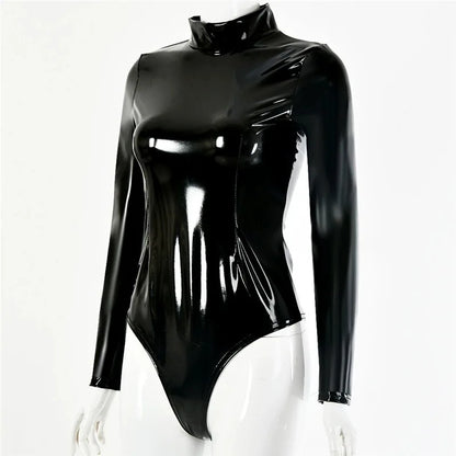 S-5XL Turtleneck Wet Look PVC Catsuit Shiny PU Leather Bodysuit Tights Sexy Cosplay Body Teddies Swimsuit Leotard Clubwear Tops