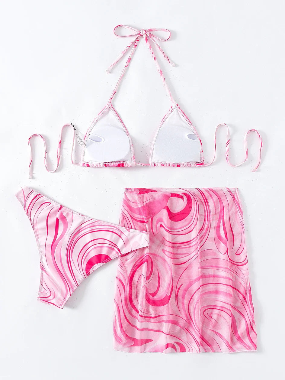 Sexy Bikini 2023 Woman Swimwear Female 3 Pack Allover Print Halter Swimsuit Women`s Cover Up Bikinis Set 3 Pieces Bathing Suit