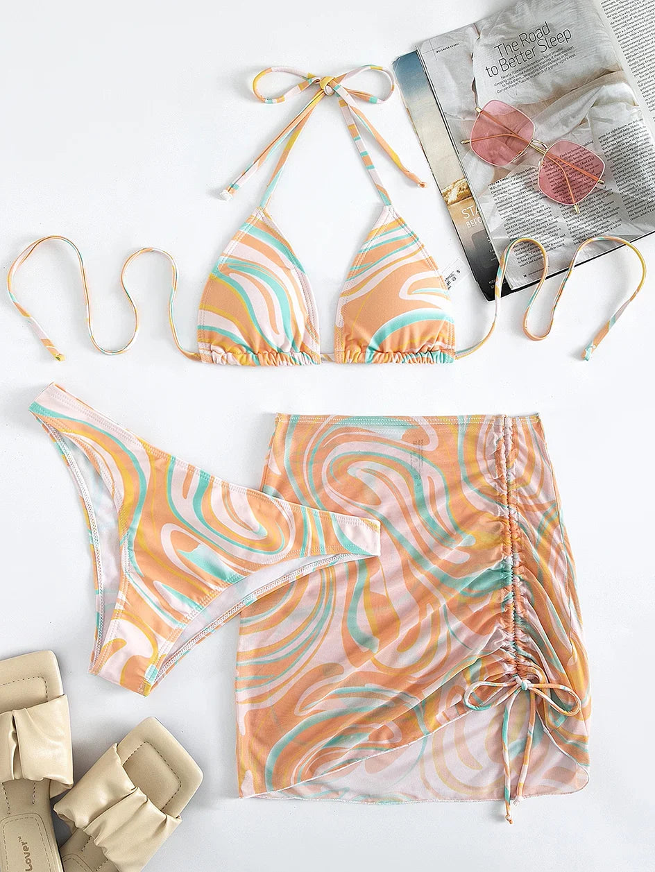Sexy Bikini 2023 Woman Swimwear Female 3 Pack Allover Print Halter Swimsuit Women`s Cover Up Bikinis Set 3 Pieces Bathing Suit