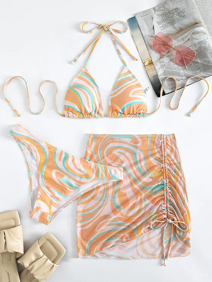 Sexy Bikini 2023 Woman Swimwear Female 3 Pack Allover Print Halter Swimsuit Women`s Cover Up Bikinis Set 3 Pieces Bathing Suit