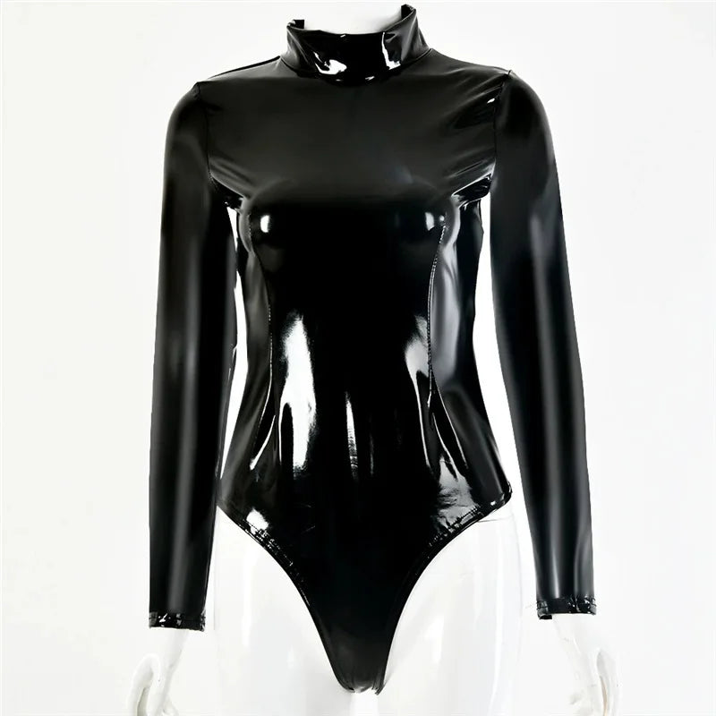 S-5XL Turtleneck Wet Look PVC Catsuit Shiny PU Leather Bodysuit Tights Sexy Cosplay Body Teddies Swimsuit Leotard Clubwear Tops
