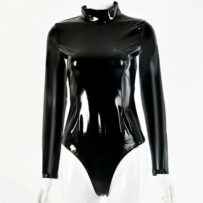 S-5XL Turtleneck Wet Look PVC Catsuit Shiny PU Leather Bodysuit Tights Sexy Cosplay Body Teddies Swimsuit Leotard Clubwear Tops