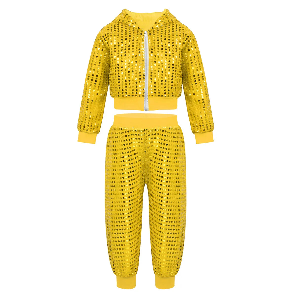 Girls Boys Hip Hop Jazz Performance Costume Street Dance Outfits Shiny Sequins Jacket Coat Hooded Tops Pants Unisex Kids Suits