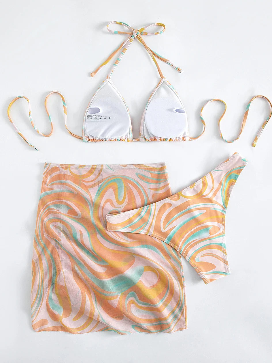 Sexy Bikini 2023 Woman Swimwear Female 3 Pack Allover Print Halter Swimsuit Women`s Cover Up Bikinis Set 3 Pieces Bathing Suit