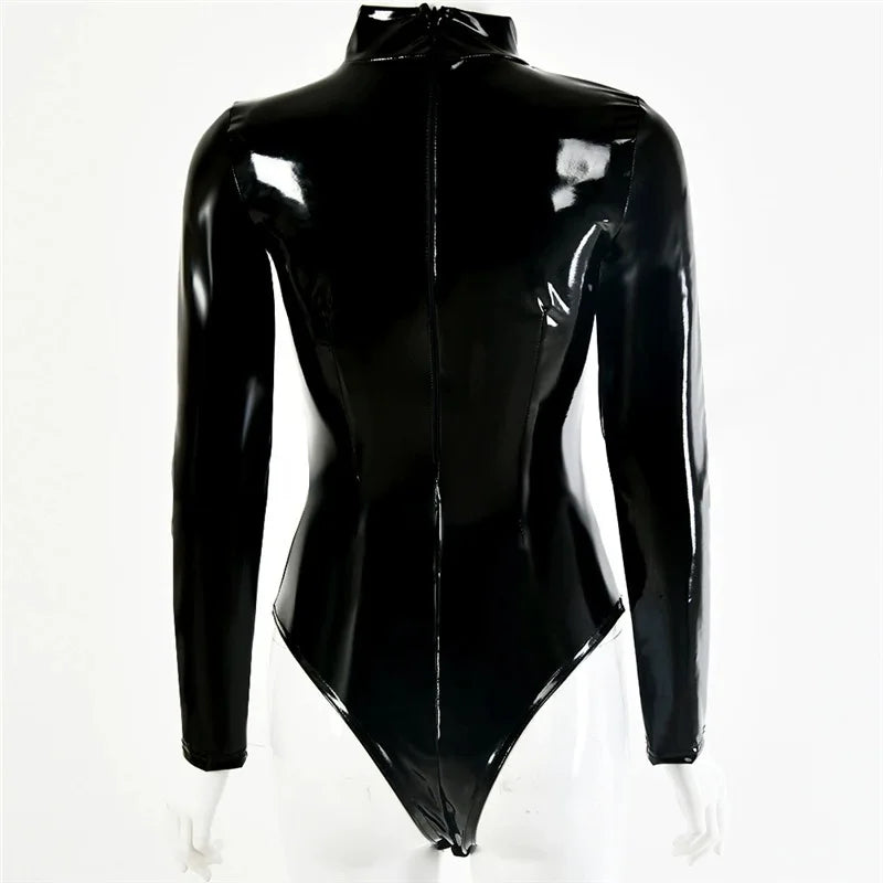 S-5XL Turtleneck Wet Look PVC Catsuit Shiny PU Leather Bodysuit Tights Sexy Cosplay Body Teddies Swimsuit Leotard Clubwear Tops
