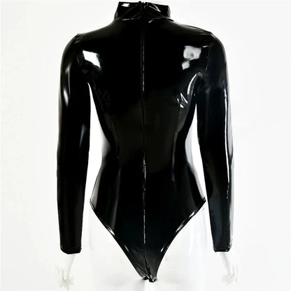 S-5XL Turtleneck Wet Look PVC Catsuit Shiny PU Leather Bodysuit Tights Sexy Cosplay Body Teddies Swimsuit Leotard Clubwear Tops
