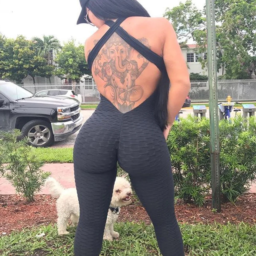 2024 Women's Sports Suit Sleeveless Backless Jumpsuits Costume Quick Dry Gym Bodysuit Tracksuit Fitness Tights Scrunch Leggings