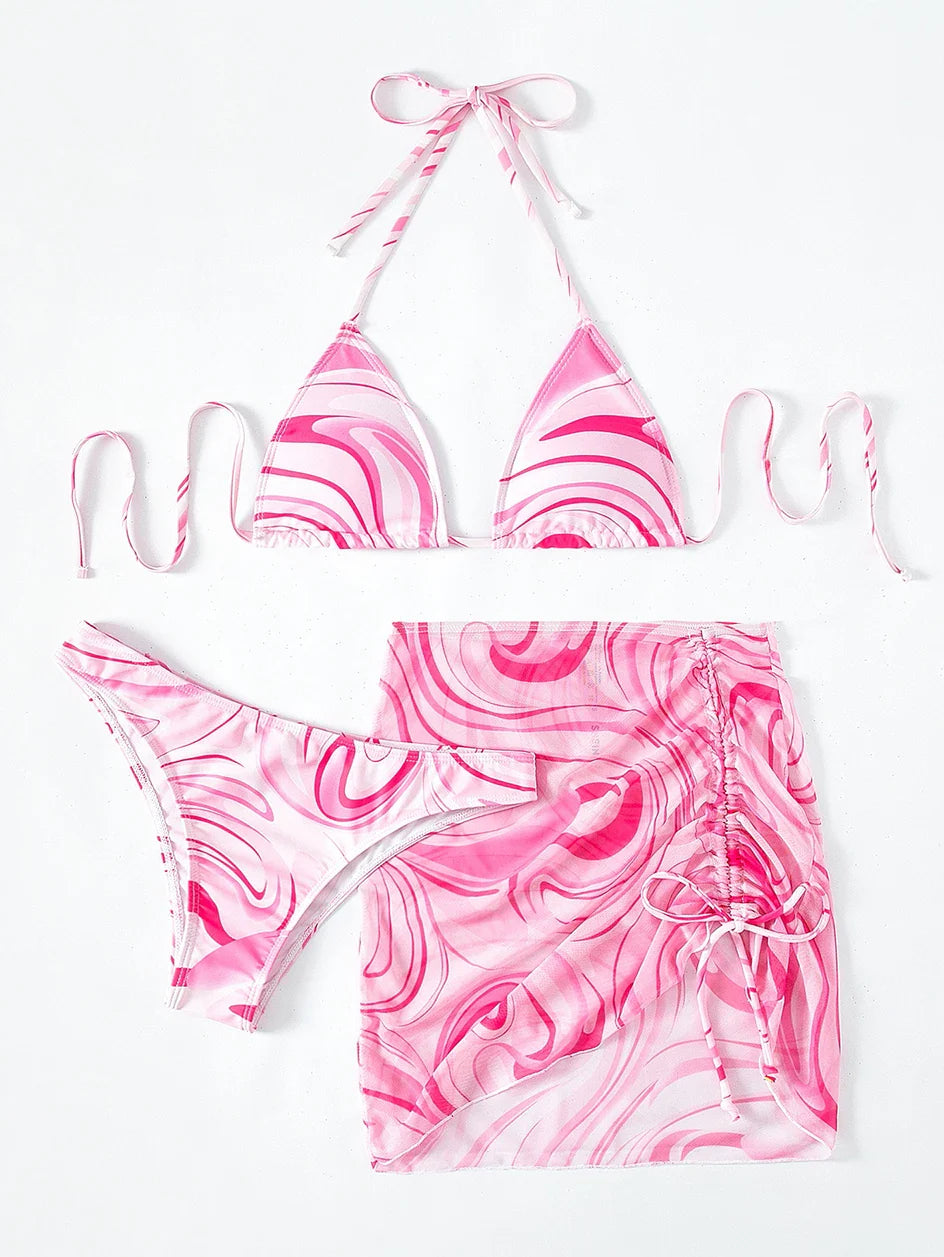 Sexy Bikini 2023 Woman Swimwear Female 3 Pack Allover Print Halter Swimsuit Women`s Cover Up Bikinis Set 3 Pieces Bathing Suit