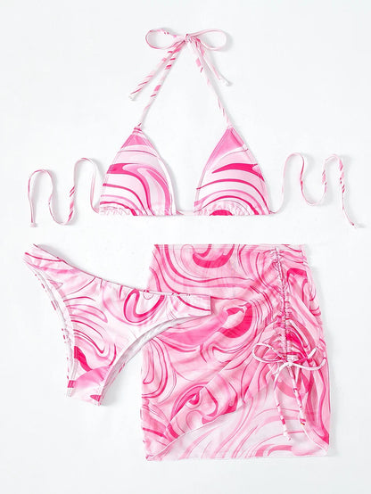 Sexy Bikini 2023 Woman Swimwear Female 3 Pack Allover Print Halter Swimsuit Women`s Cover Up Bikinis Set 3 Pieces Bathing Suit