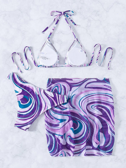 Sexy Bikini 2023 Woman Swimwear Female 3 Pack Allover Print Halter Swimsuit Women`s Cover Up Bikinis Set 3 Pieces Bathing Suit