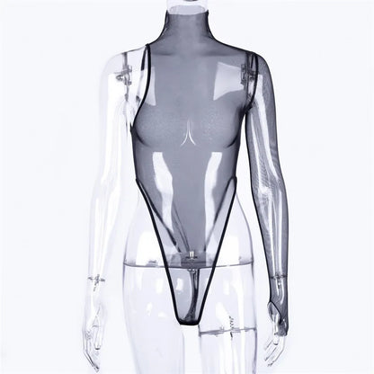 Sexy Black Single Sleeve Mesh See-Through Bodysuit Women Turtleneck Bodies High Leg Cut Out Hot Thong Women's Bodysuits